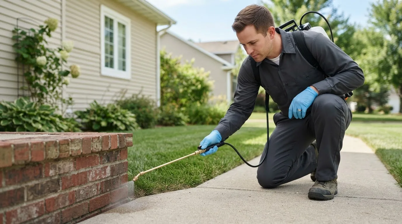 Pest control technician treating a home near Alledonia, OH