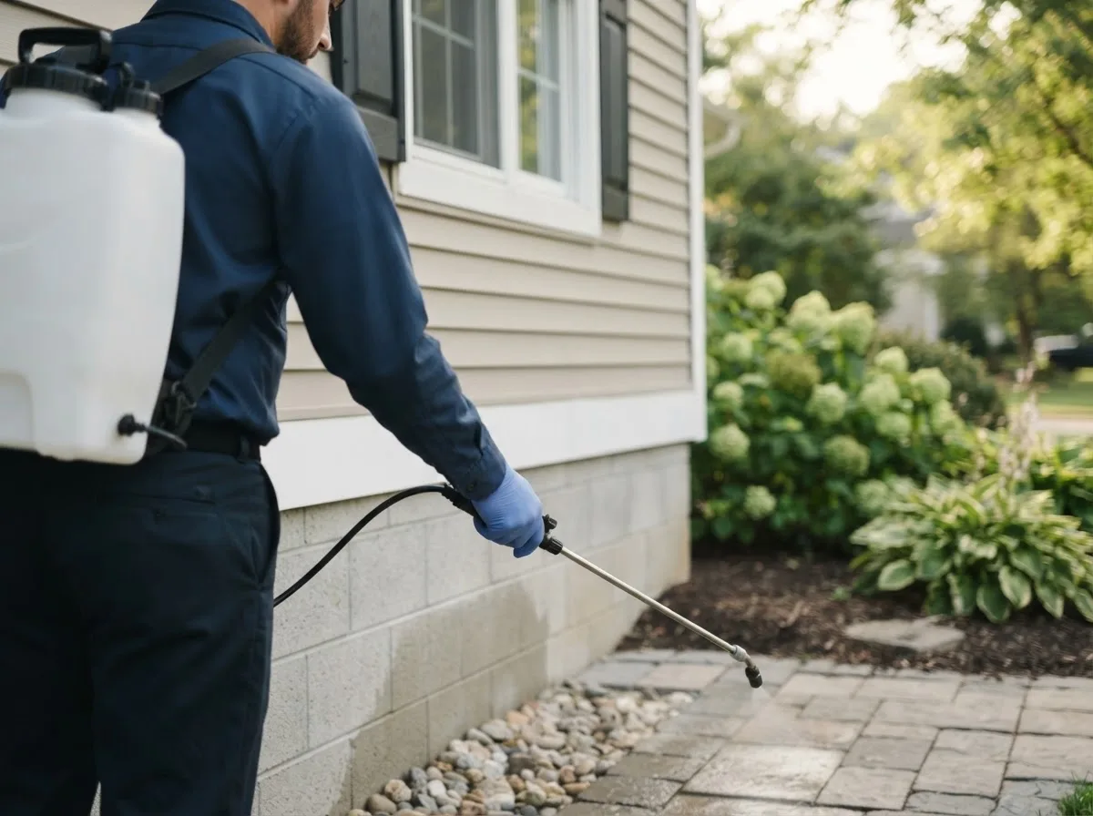 Pest control technician inspecting a home in Alledonia, OH